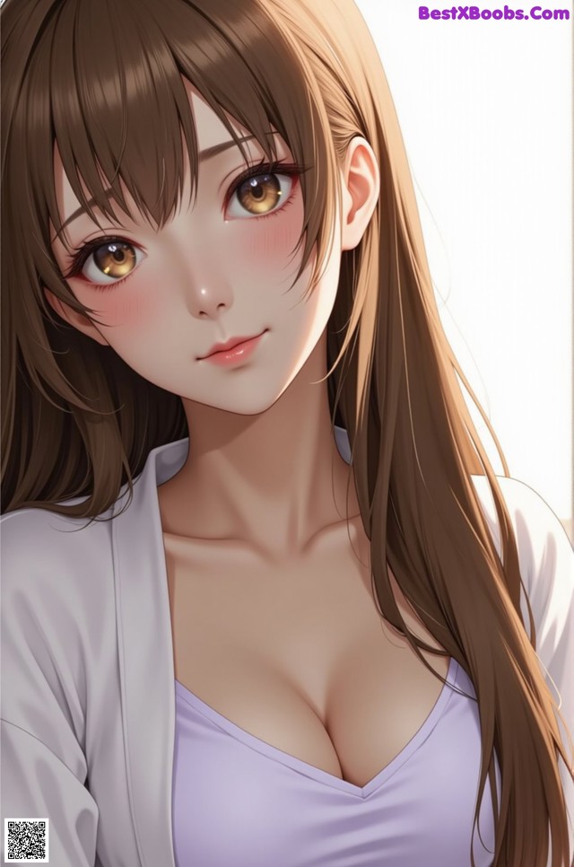 A girl with long brown hair and a white shirt.