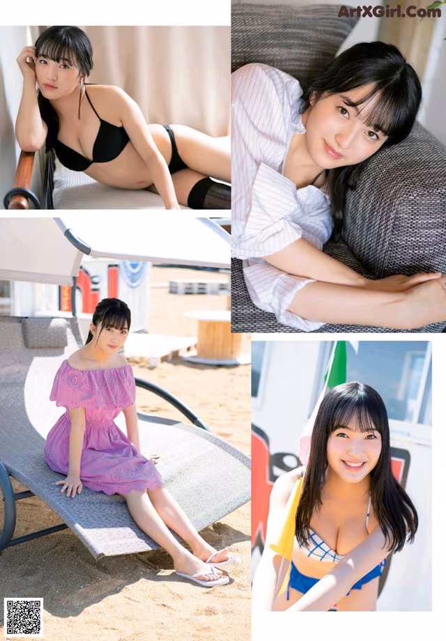 A woman in a bikini sitting on a lounge chair.