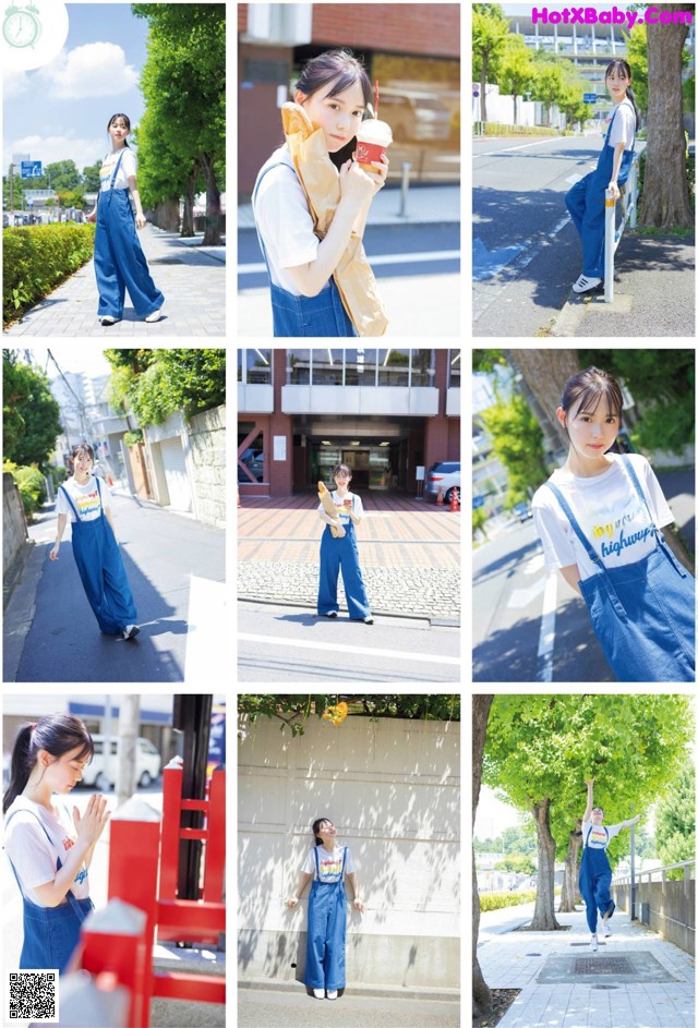 A collage of photos of a woman in overalls and a t-shirt.