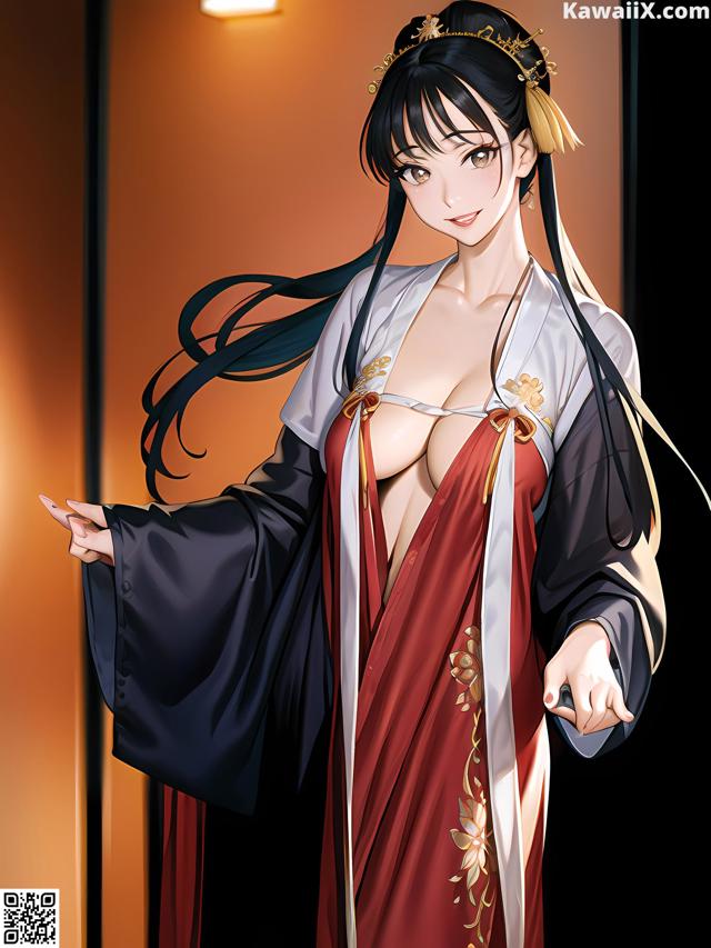 A woman in a red and black kimono is posing for a picture.