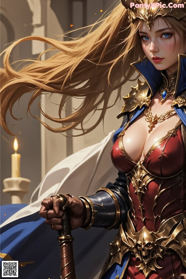 A woman in armor holding a sword in front of a candle.